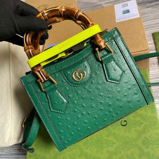 Gucci Diana Mini Tote Bag Ostrich Leathertop Handle Bag Gucci Green - Image 4