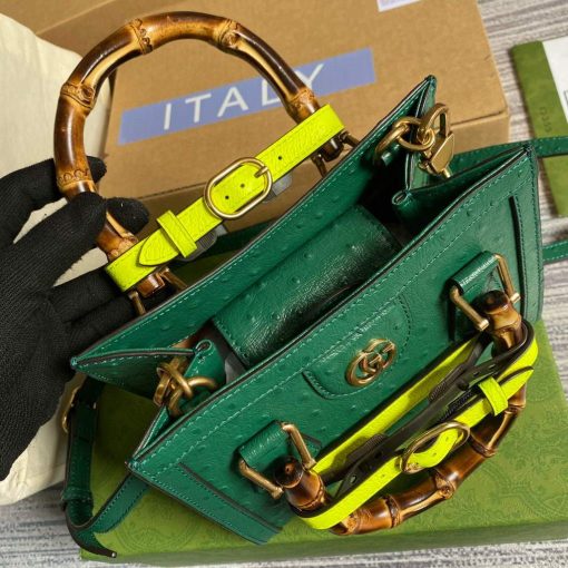 Gucci Diana Mini Tote Bag Ostrich Leathertop Handle Bag Gucci Green - Image 7