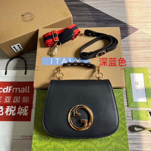 Gucci Blondie Medium Top Handle Bag Black With Navy Blue