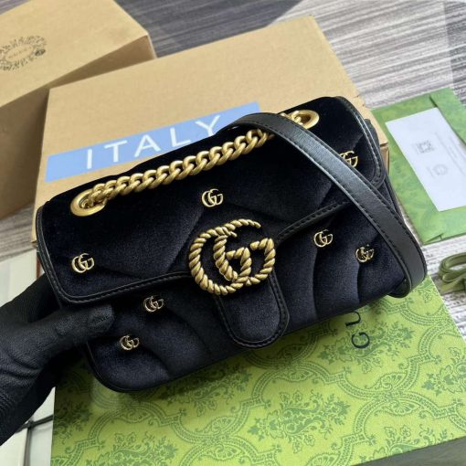 Gucci GG Marmont Mini Shoulder Bag Black Quilted Velvet - Image 5