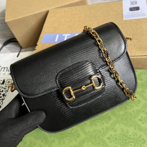 Gucci Horsebit 1955 Lizard Mini Bag Black Leather