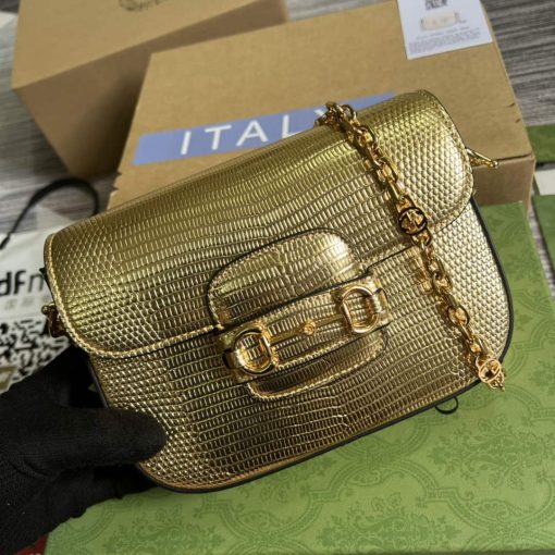 Gucci Horsebit 1955 Lizard Mini Bag Gold Leather