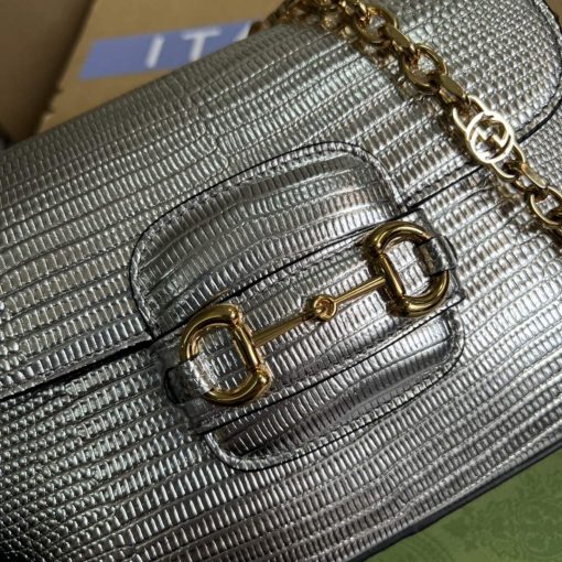 Gucci Horsebit 1955 Lizard Mini Bag Silver Leather - Image 5