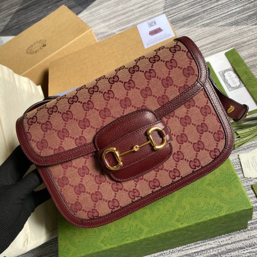 Gucci Horsebit 1955 Shoulder Bag Beige And Burgundy Original GG Canvas