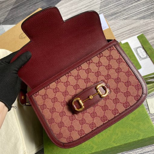 Gucci Horsebit 1955 Shoulder Bag Beige And Burgundy Original GG Canvas - Image 7