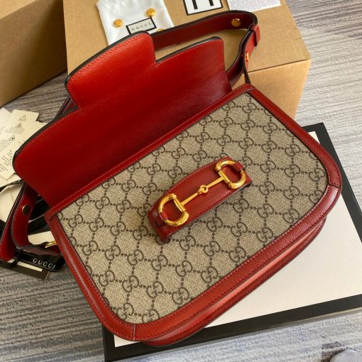 Gucci Horsebit 1955 Shoulder Bag Beige With Red Leather - Image 6