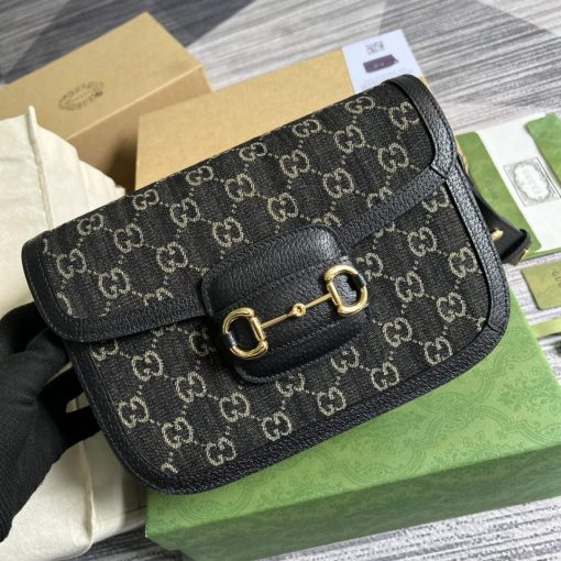 Gucci Horsebit 1955 Shoulder Bag Black And Ivory GG Denim Jacquard