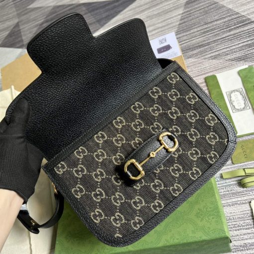 Gucci Horsebit 1955 Shoulder Bag Black And Ivory GG Denim Jacquard - Image 7