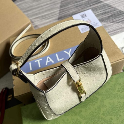 Gucci Jackie 1961 Mini Ostrich Skin Shoulder Bag Beige - Image 5