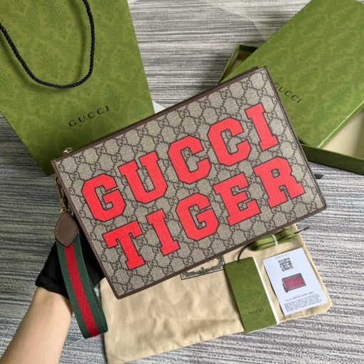 Gucci Tiger Pouch Bag Brown Print Logo - Image 2