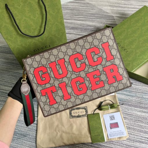 Gucci Tiger Pouch Bag Brown Print Logo