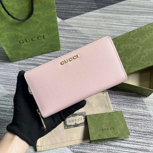 Gucci Zip Around Wallet With Gucci Script Light Pink