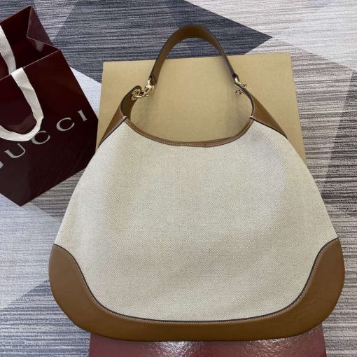 Gucci B Medium Shoulder Bag Natural Cotton Linen Canvas Brown