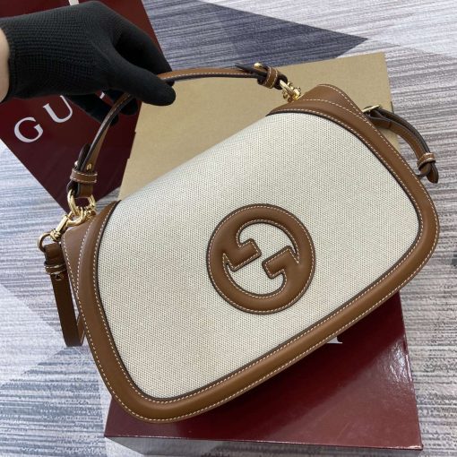 Gucci Blondie Medium Top Handle Bag Brown & Beige Cotton Linen Canvas - Image 5