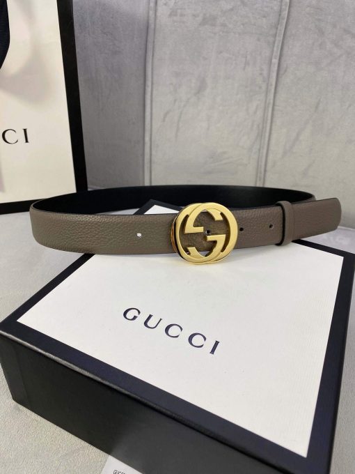 Gucci Women Men’s Leather Belt with Double G Buckle 30MM Gray