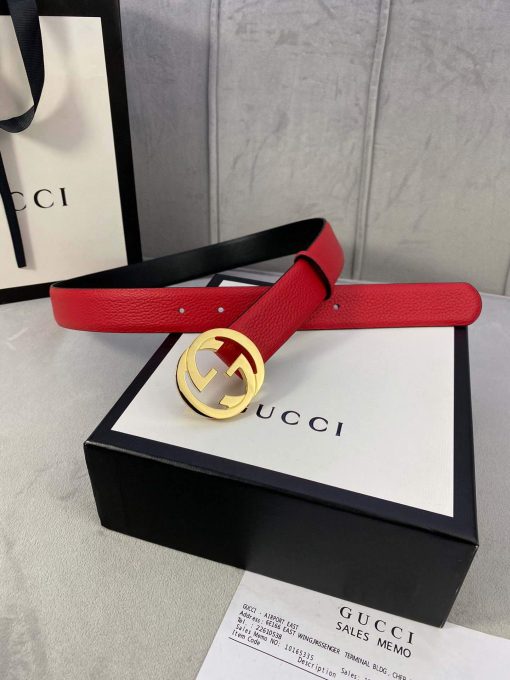 Gucci Women Men’s Leather Belt with Double G Buckle 30MM Red - Image 3