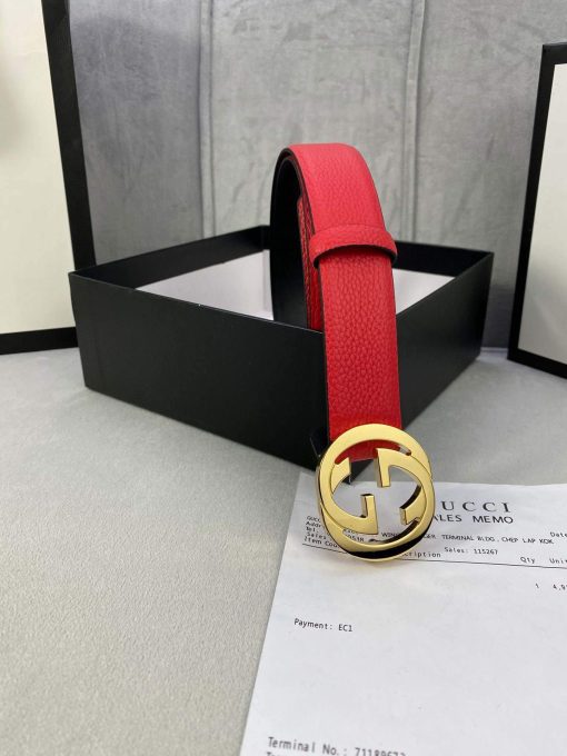 Gucci Women Men’s Leather Belt with Double G Buckle 30MM Red - Image 4