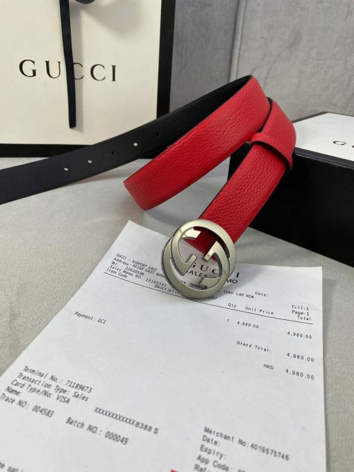 Gucci Women Men’s Leather Belt with Double G Buckle 30MM Red